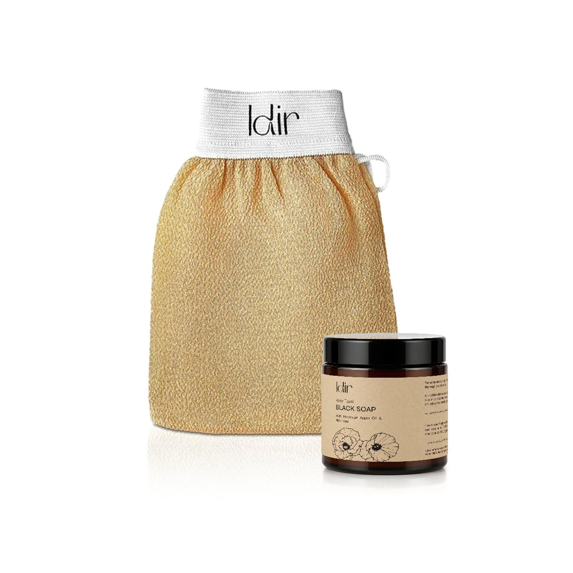 IDIR Aker Fassi black soap with beige Moroccan kessa glove