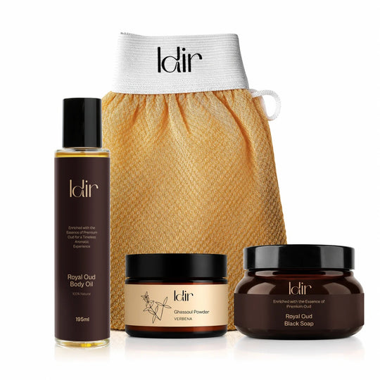 IDIR Detoxifying Moroccan Hammam Ritual: Royal Oud body oil, kessa glove, ghassoul verbena and Royal Oud black soap
