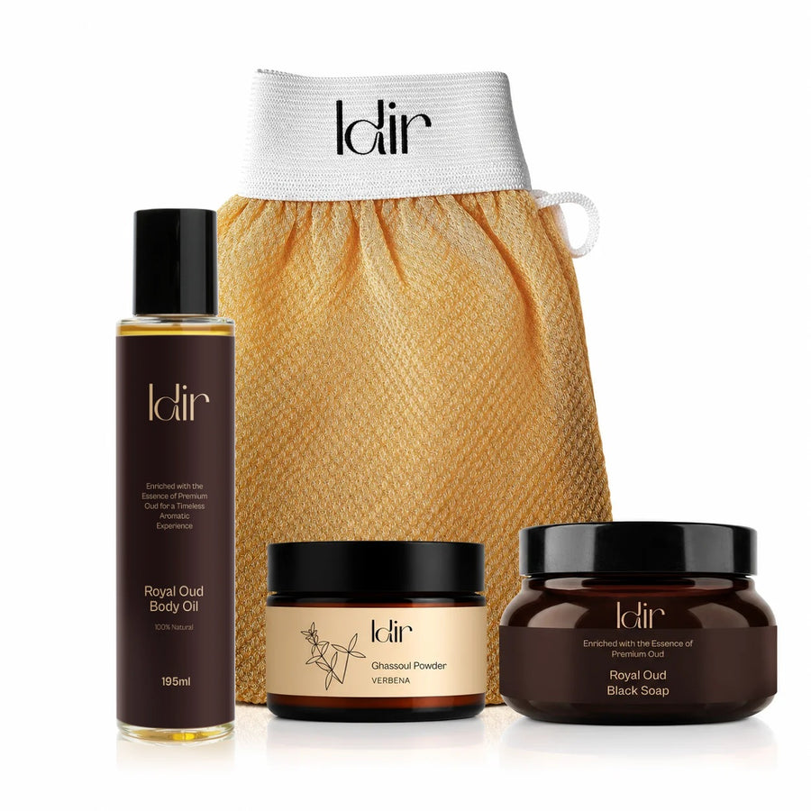 IDIR Detoxifying Moroccan Hammam Ritual: Royal Oud body oil, kessa glove, ghassoul verbena and Royal Oud black soap