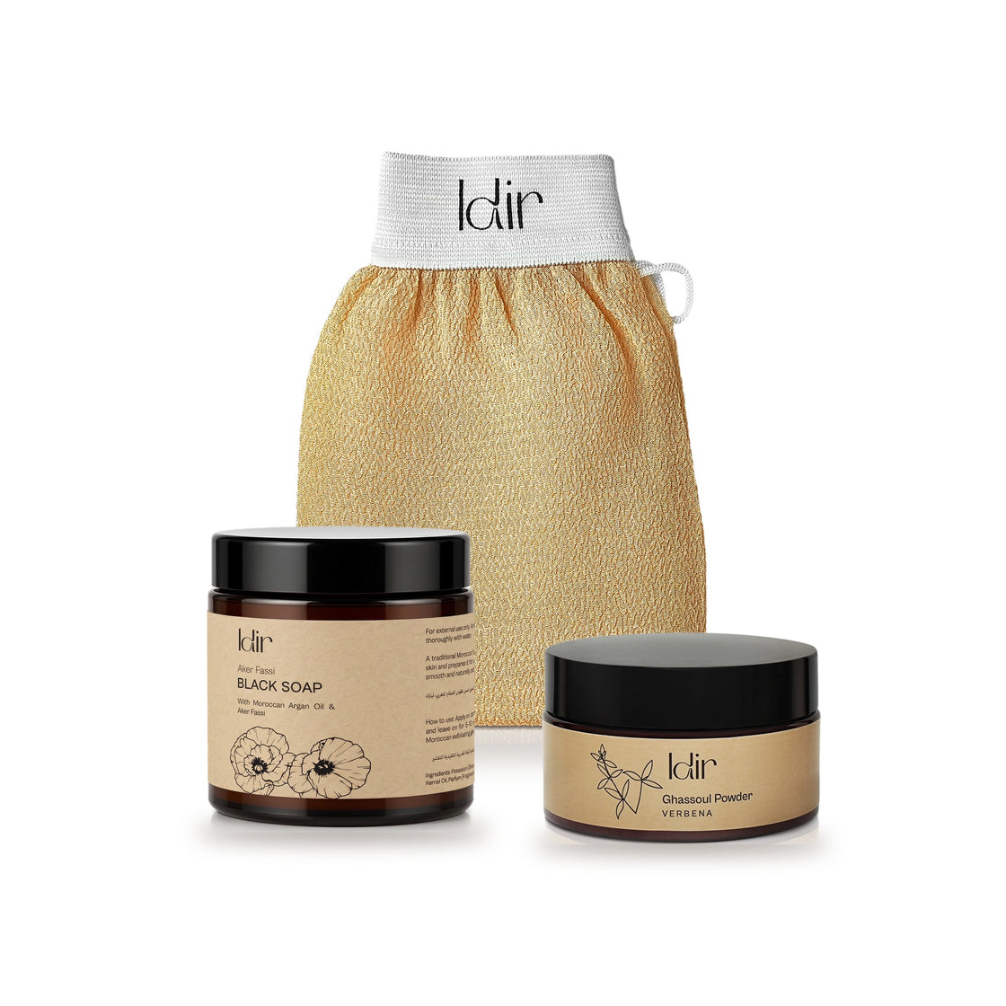 IDIR Hammam Starter Ritual: Aker Fassi black soap, beige kessa glove and ghassoul verbena